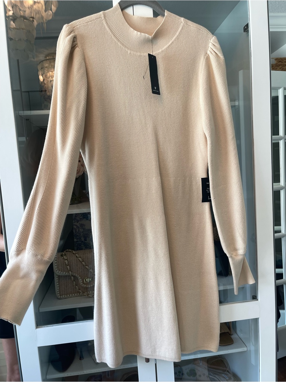 Lulu's Cream Long-Sleeve Puff-Shoulder Knit Dress